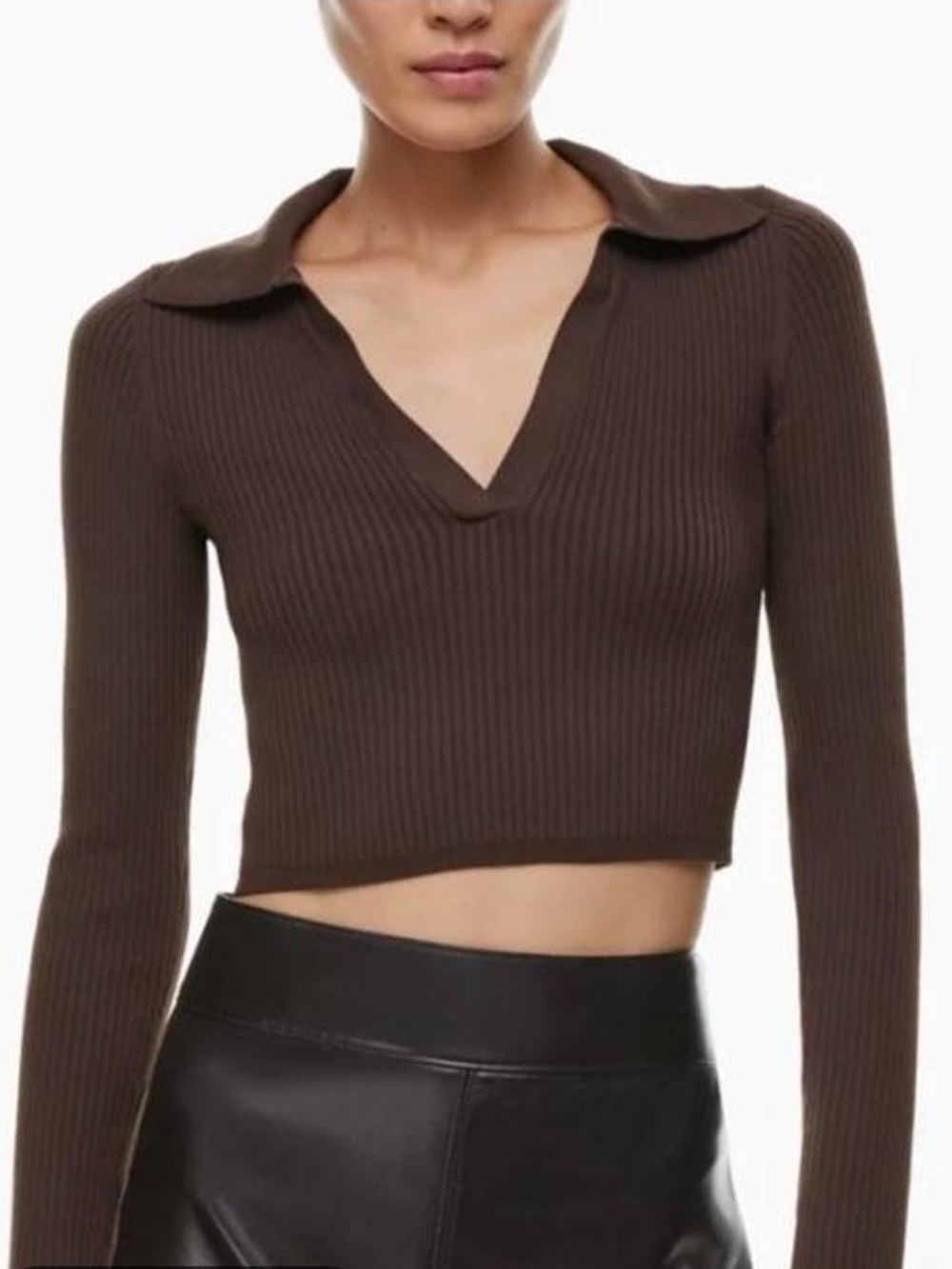 Ribbed Collared V-Neck Crop Top in Brown Small NWOT